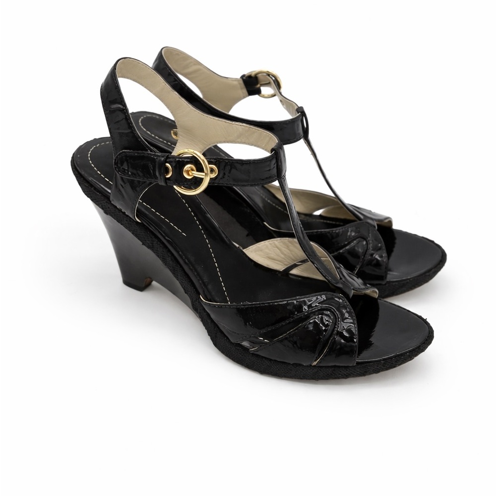 Joan & David Black Patent Leather T-Strap Wedge Sandals Peep Toe W/Gold Buckle